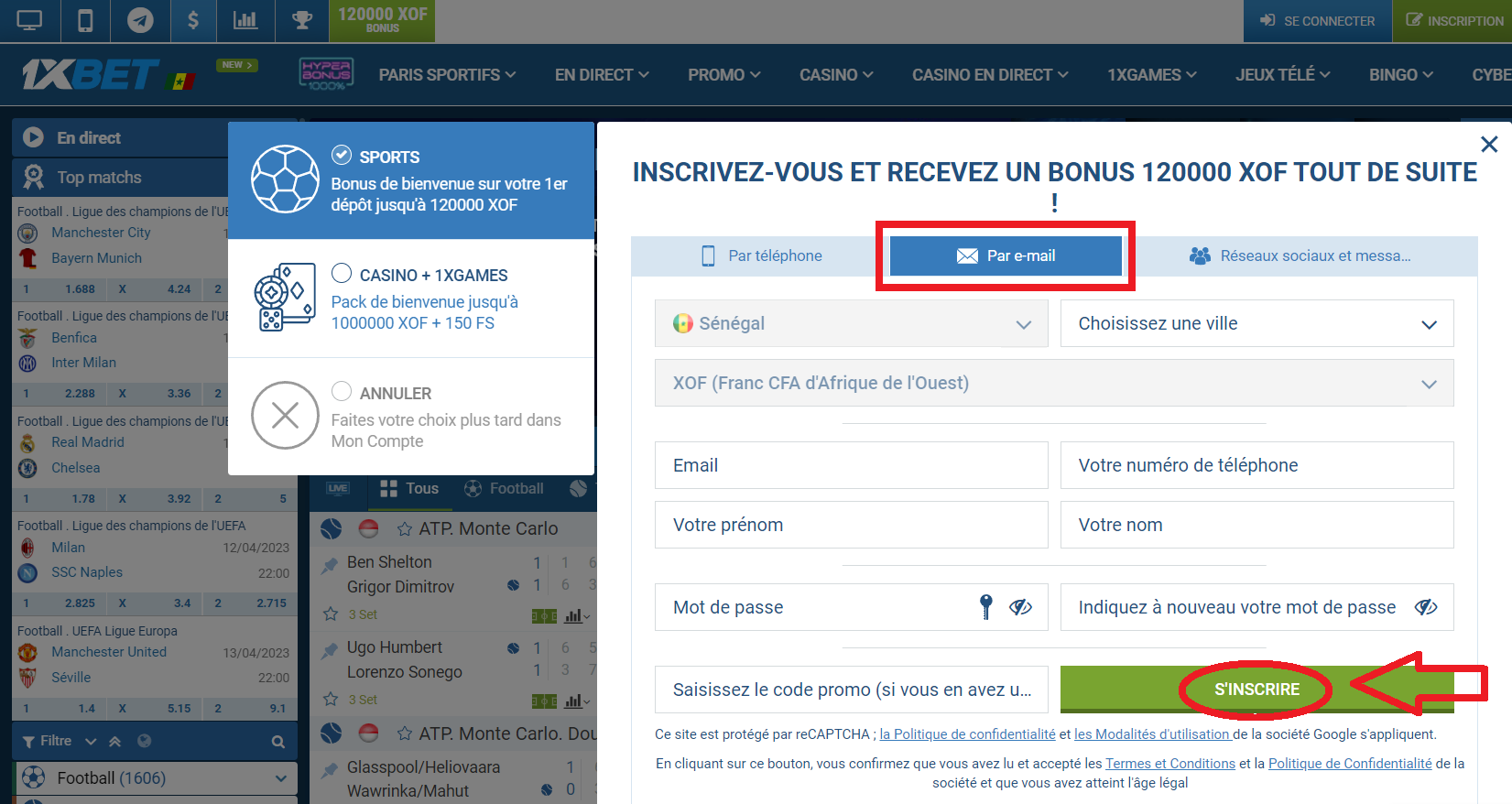 S'inscrire sur 1xBet par e-mail