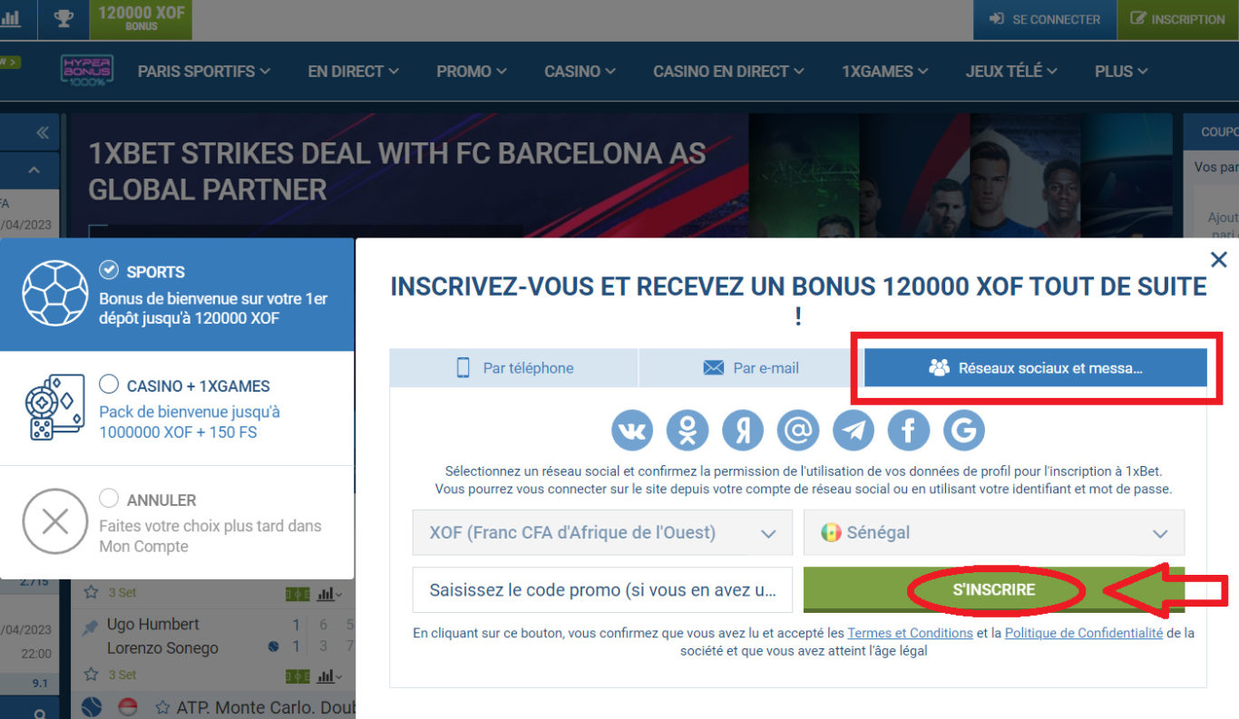 1xBet inscription Senegal par réseaux sociaux et messagerie